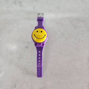 NEW PURPLE PLASTIC ADJUSTABLE RING WITH YELLOW HAPPY FACE & CLOCK - SIZE 3-10.5